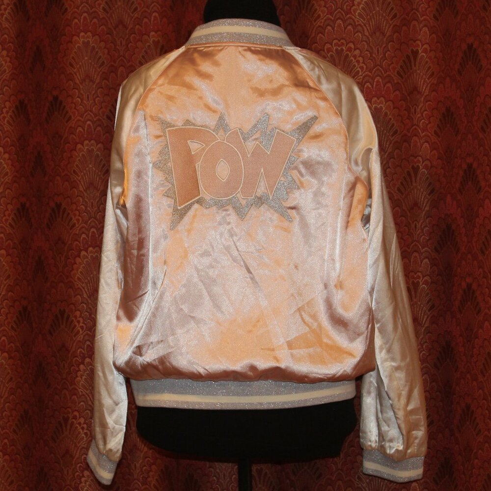 POW! Varsity Bomber Jacket Pink & White with Glittery Silver Pow! on back SzMed